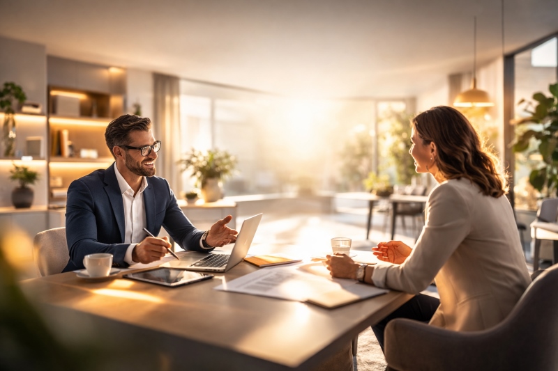 Beratungsgespräch zwischen Vermittler und Kundin