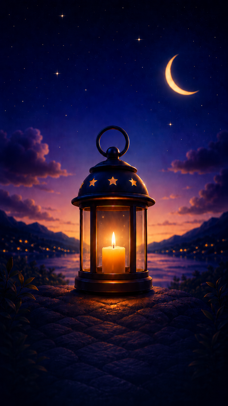 Warm lantern glowing under a crescent moon