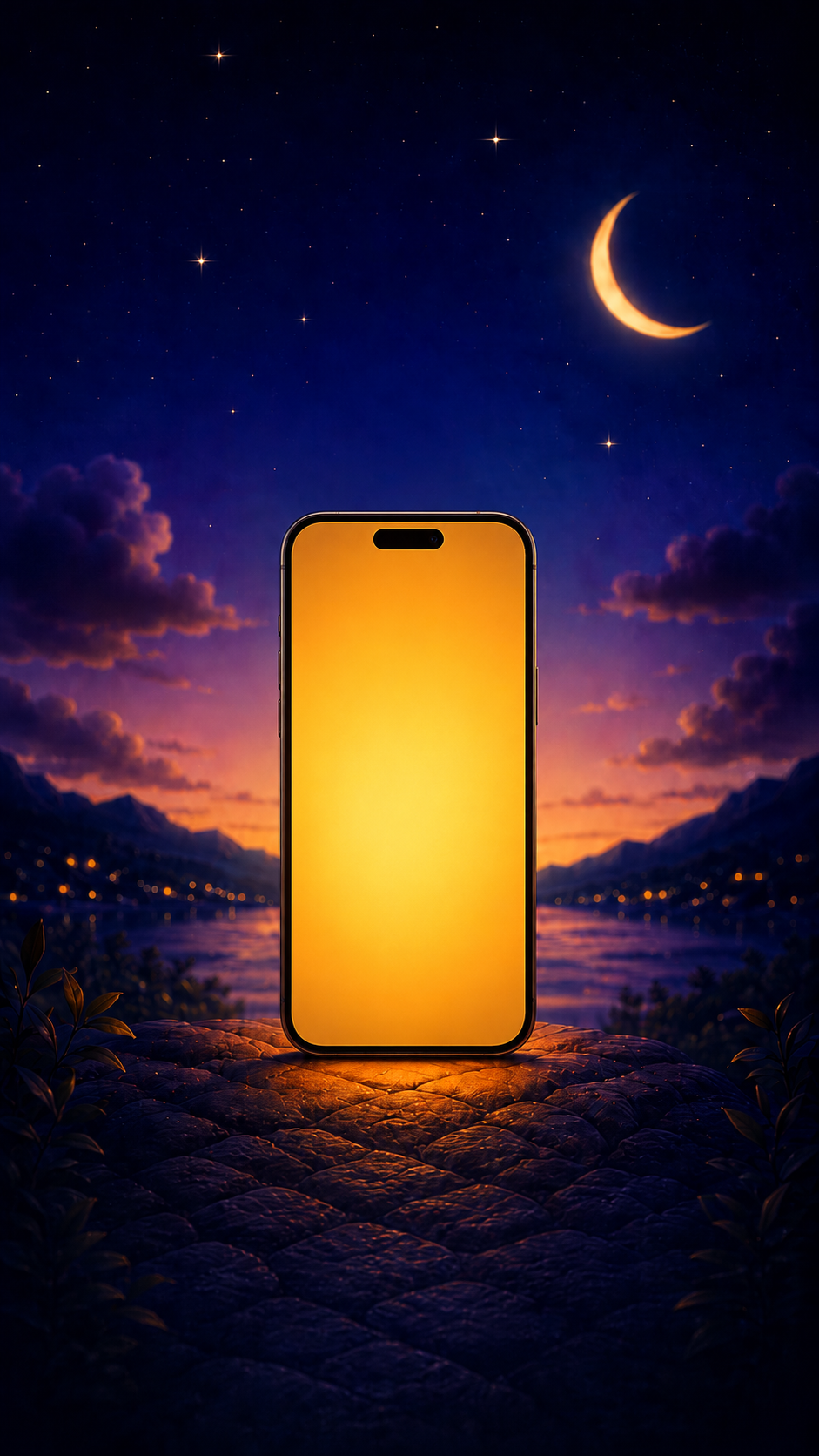 iPhone glowing like a lantern in a moonlit landscape